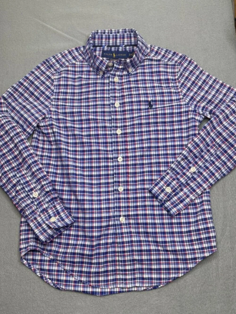 Boys Polo Ralph Lauren Long Sleeve Collared Button Down Performance Blue Red S/8